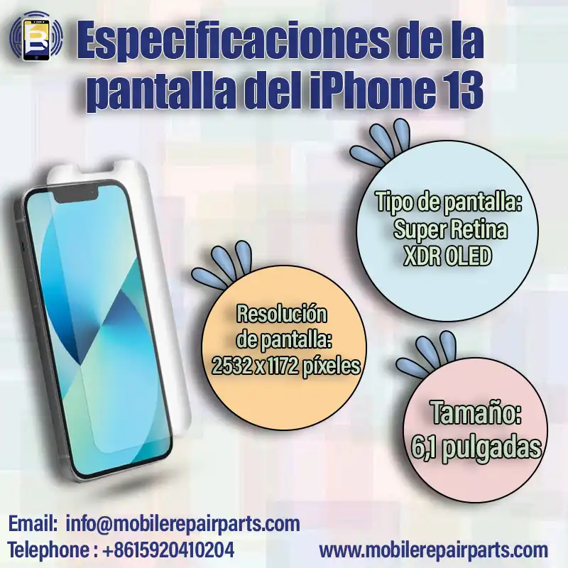 Especificaciones de la pantalla del iPhone 13,Super Retina XDR OLED, 6,1 pulgadas,Resolución:1170 x 2532 píxeles, HDR10.
