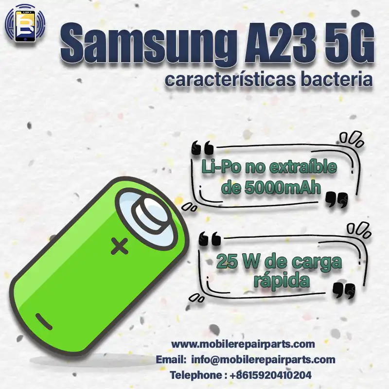 Samsung A23 5G características batería , batería Li-Po no extraíble de 5000mAh, carga rápida de 25 W