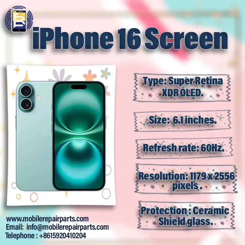 iPhone 16 Screen, Type : Super Retina XDR OLED, Size: 6.1 inches