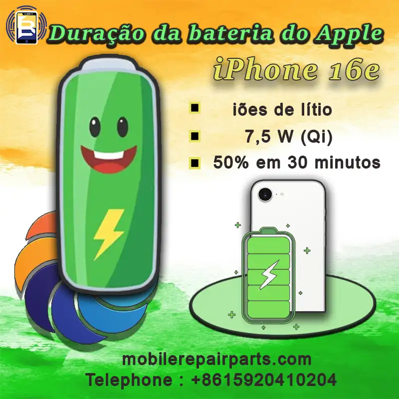 Duração da bateria do Apple iPhone 16e, iões de lítio, 7,5 W (Qi), USB Type-C 2.0