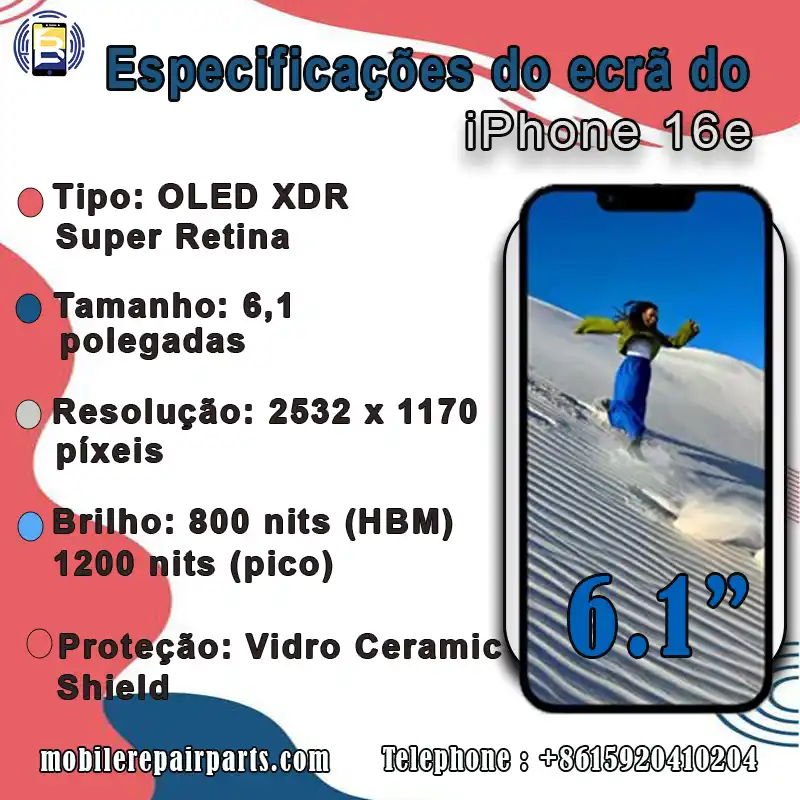 Especificações do ecrã do iPhone 16e, OLED XDR Super Retina, 6,1 polegadas, 2532 x 1170 píxeis