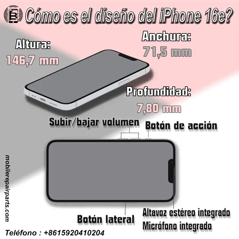 ¿Cómo es el diseño del iPhone 16e? mide 146,7 mm de largo, 71,5 mm de ancho y 7,80 mm de grosor, pesa 167 gramos