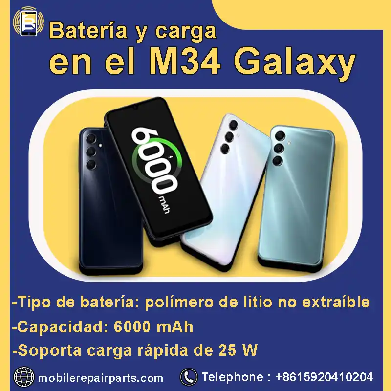 Batería y carga en el M34 Galaxy: - Tipo de batería: polímero de litio no extraíble. - Capacidad: 6000 mAh. - Soporta carga rápida de 25 W.
