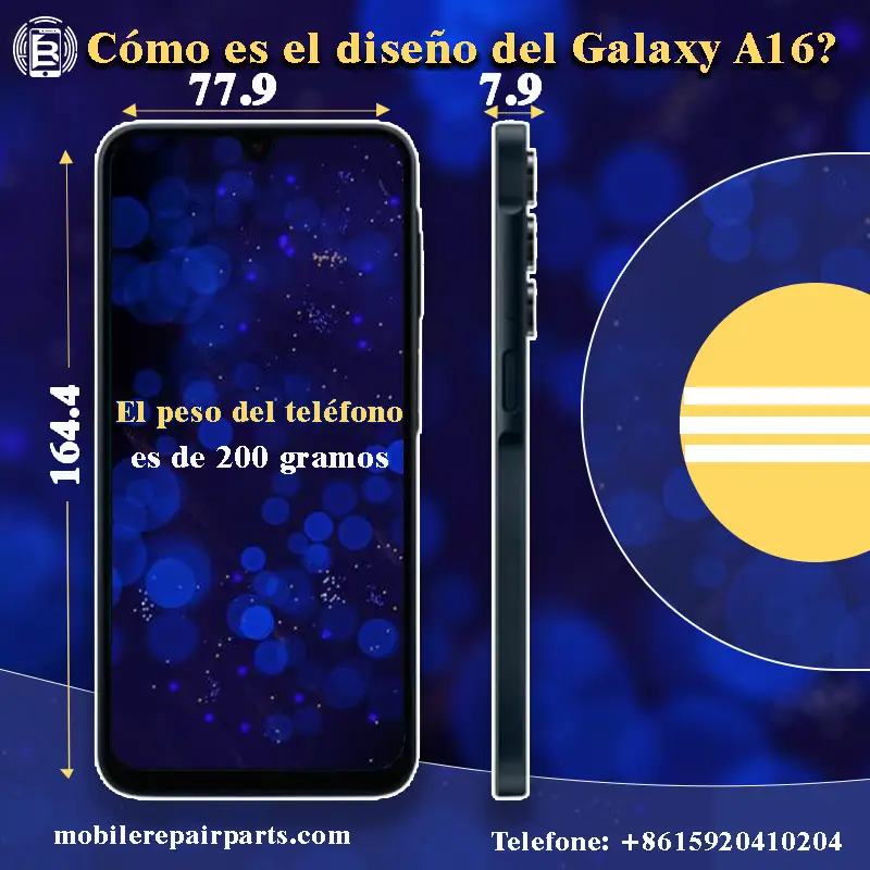 Diseño del Samsung A16:
Con unas medidas de 164,4 mm de largo, 77,9 mm de ancho y 7,9 mm de grosor, el teléfono pesa 200 g.