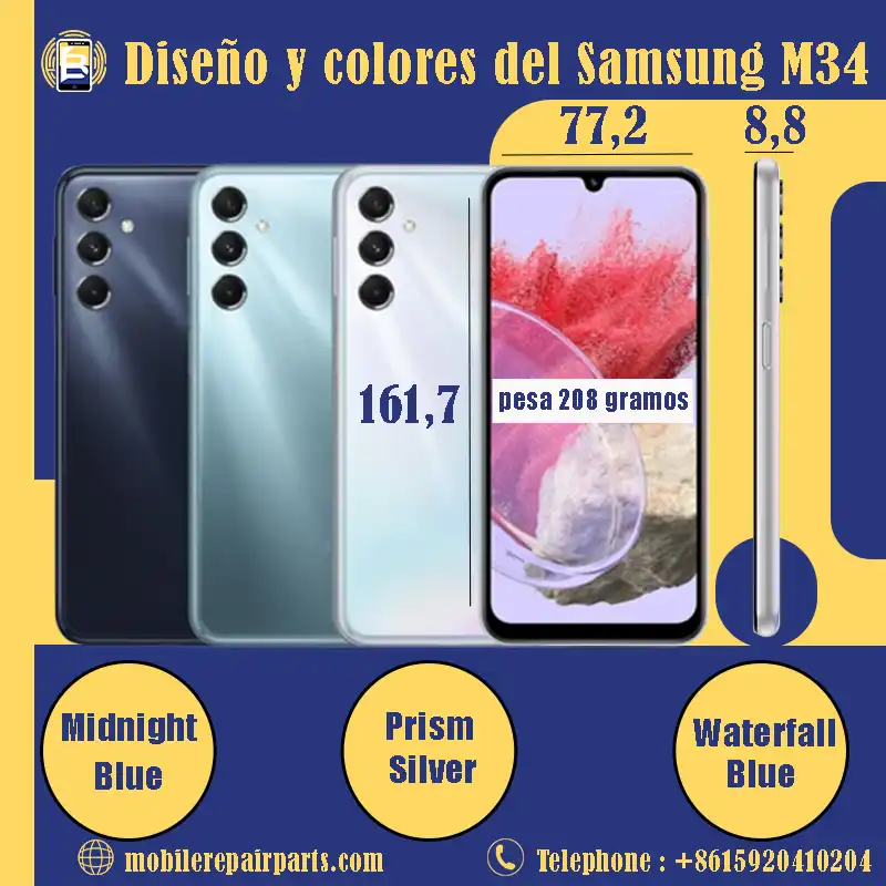 Con unas medidas de 161,7 mm de largo, 77,2 mm de ancho y 8,8 mm de grosor, el Samsung M34 pesa 208 gramos y se presenta en tres atractivos y distintivos colores: Midnight Blue, Prismatic Silver y Waterfall Blue.