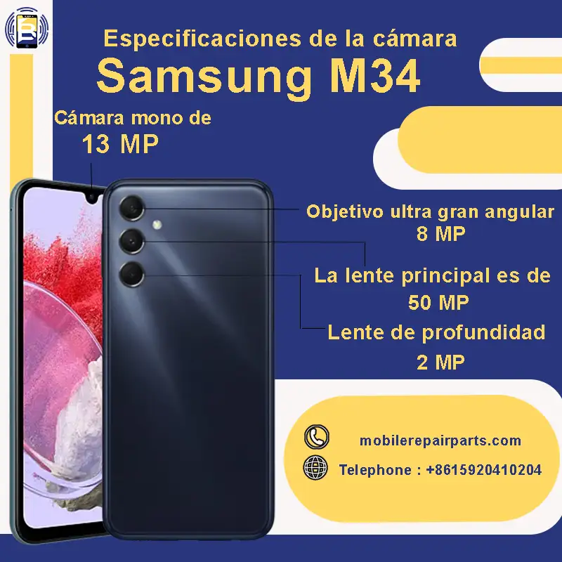 Especificaciones de la cámara Samsung M34: La lente principal es de 50 MP, Objetivo ultra gran angular: 8 MP, Lente de profundidad: 2 MP, Cámara frontal (selfie): Cámara mono de 13 MP.