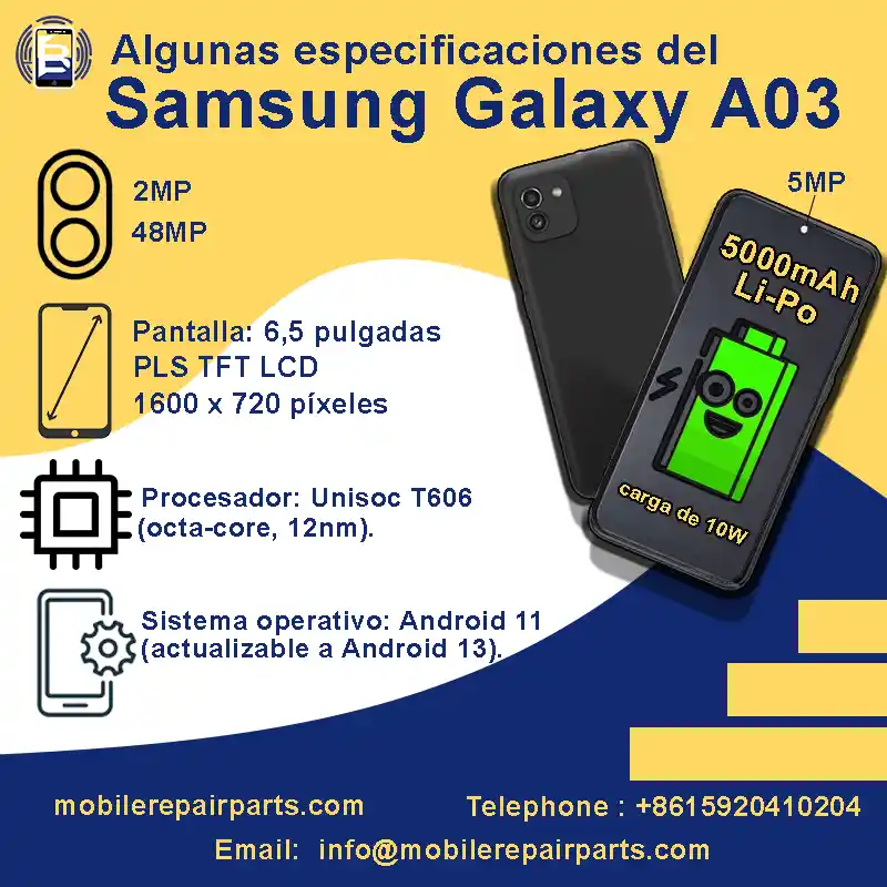 Samung A03 es un teléfono económico con una pantalla PLS TFT LCD, Procesador: Unisoc T606 (Octa-core, 12nm), OS: Android 11, Doble cámara trasera (48MP + 2MP de profundidad), 5MP frontal. 5000mAh Li-Po batería, 10W de carga.