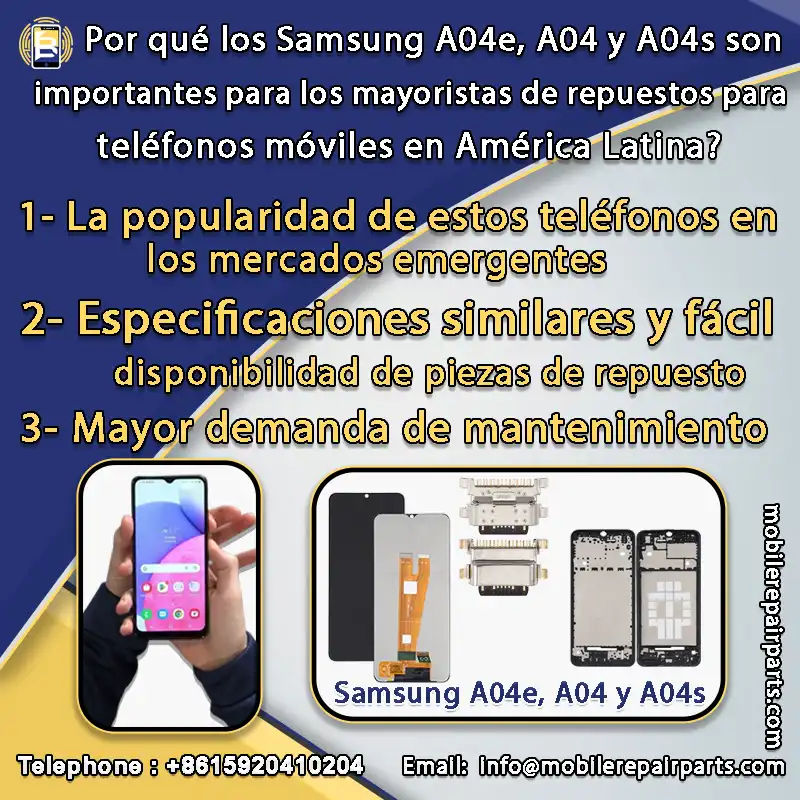 ¿Por qué los Samsung A04e, A04 y A04s son importantes para los mayoristas de repuestos para teléfonos móviles en América Latina? 1- La popularidad de estos teléfonos en los mercados emergentes. 2- Especificaciones similares y fácil disponibilidad de piezas de repuesto. 3- Mayor demanda de mantenimiento.