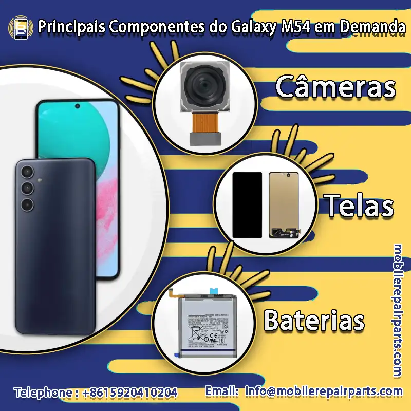 Principais Componentes do Galaxy M54 em Demanda, Baterias, Câmeras Frontais e Traseiras, Tela Samsung M54.