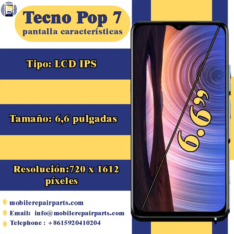 Tecno Pop 7 pantalla características, LCD IPS, 6,6 pulgadas, 720 x 1612 píxeles.