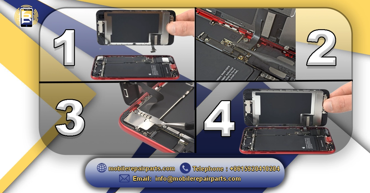Step-by-step guide for iPhone screen repair with tools and parts.