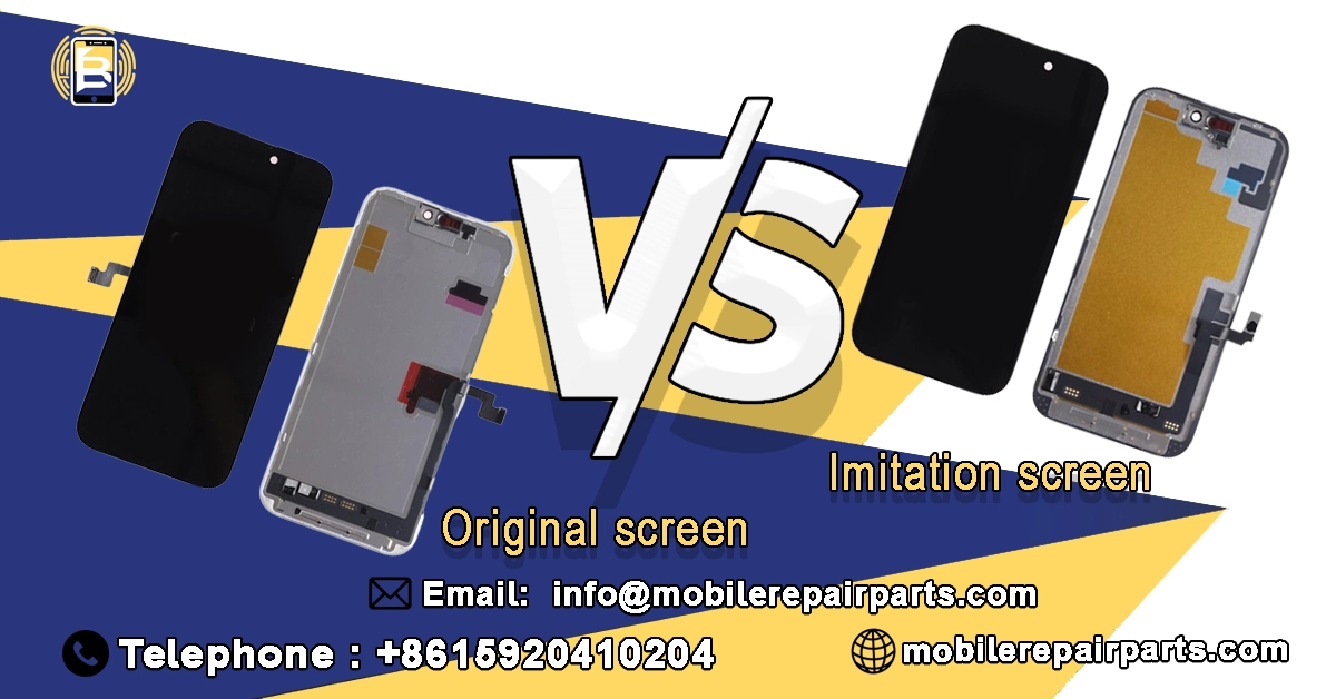 comparing original and imitation phone screens with contact info for repair parts