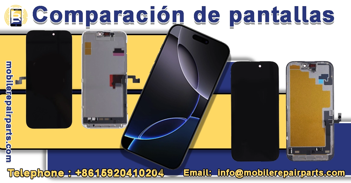 Anuncio en el que se comparan pantallas de teléfonos con piezas de repuesto e información de contacto