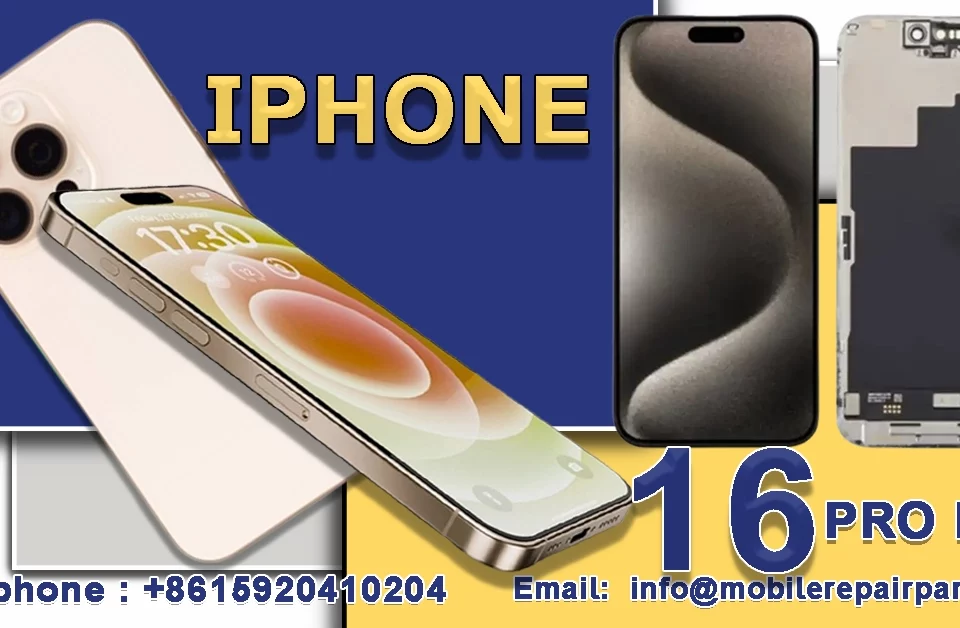 Anuncio del iPhone 16 Pro Max con piezas de repuesto e información de contacto.