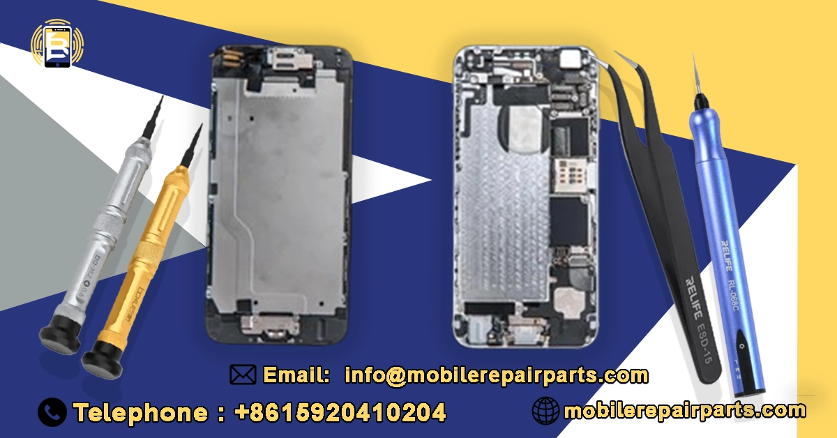 featuring phone repair tools and parts with contact info for mobile repair services
