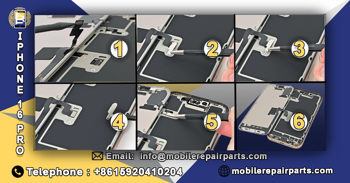 step-by-step guide for iPhone 16 Pro repair, showing tools and parts with contact info