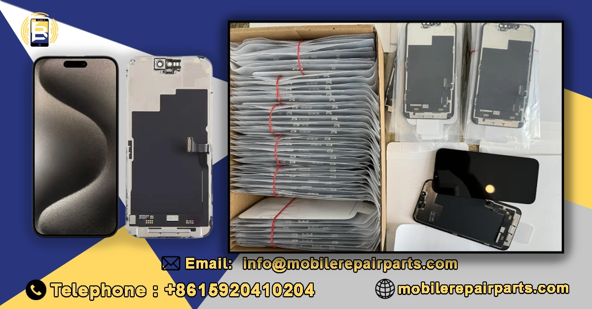 showcasing phone screen parts in bulk with contact info for mobile repair services