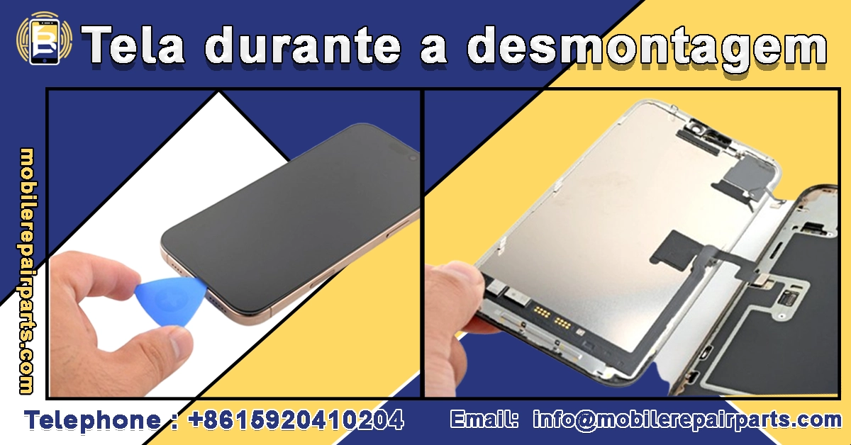 Tela sendo desmontada de um smartphone com ferramenta de abertura