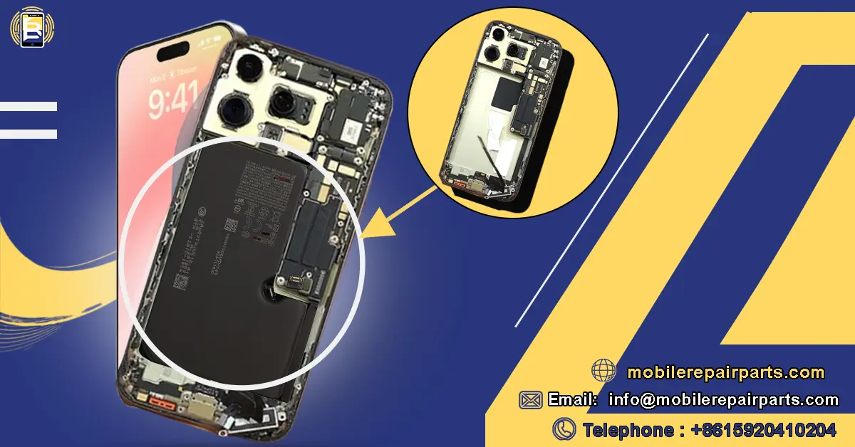 Anúncio mostrando iPhone com internas abertas e informações de contato da mobilerepairparts.com.