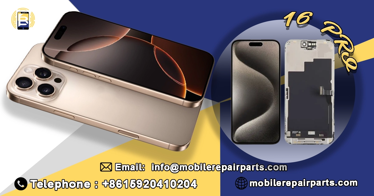 iPhone 16 Pro repair with images of phones and parts, including contact details