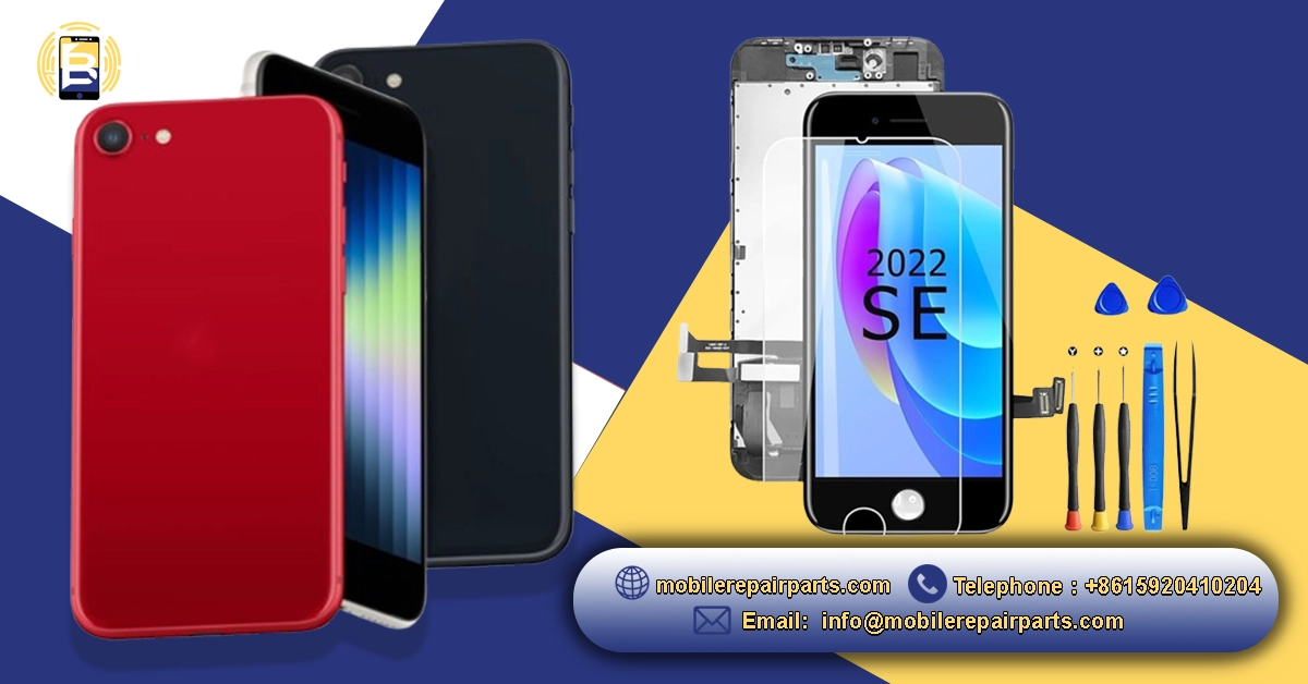 Ad for iPhone SE 2022 screen repair kit with phones, parts, and tools.