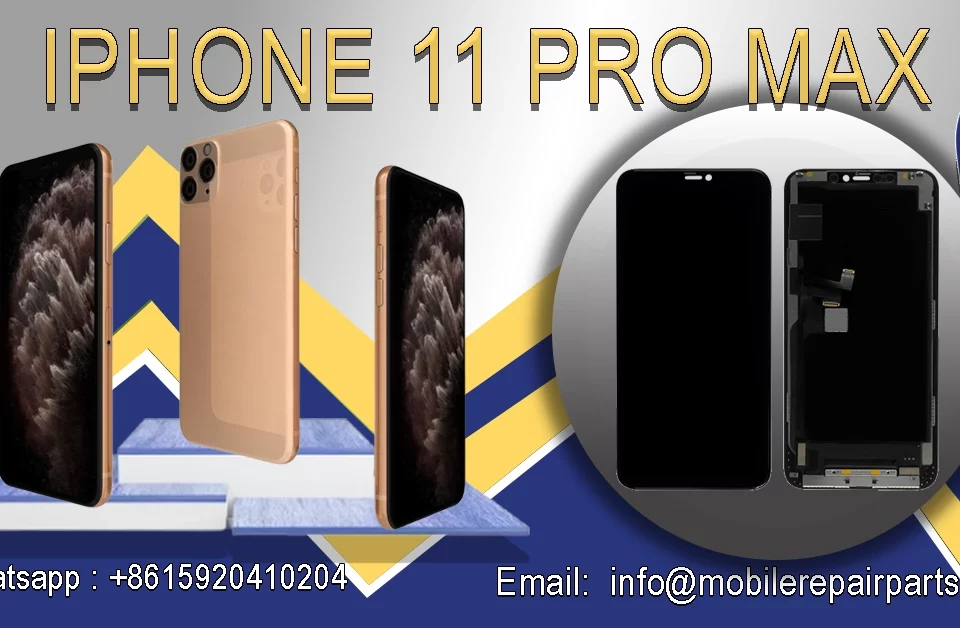Advertisement for iPhone 11 Pro Max with phones and repair parts