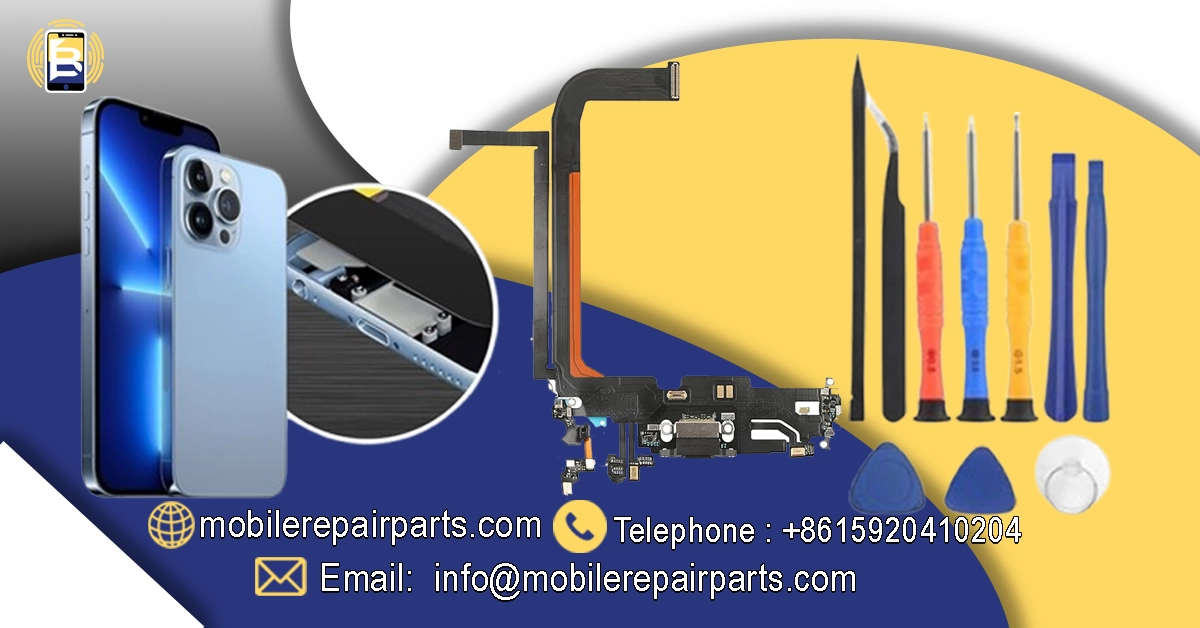 Advertisement for mobile repair parts with tools and iPhone components