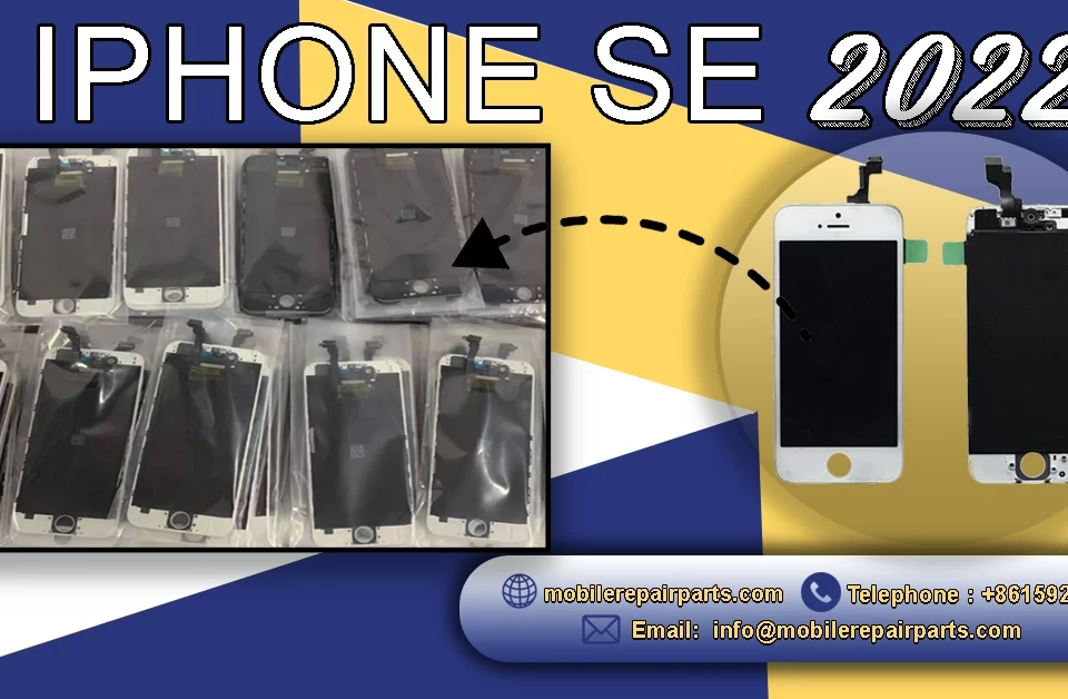 Advertisement for iPhone SE 2022 screen replacement parts with contact info.