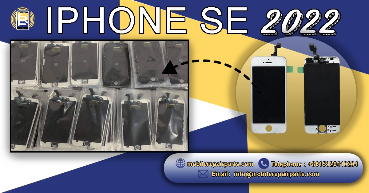 Advertisement for iPhone SE 2022 screen replacement parts with contact info.
