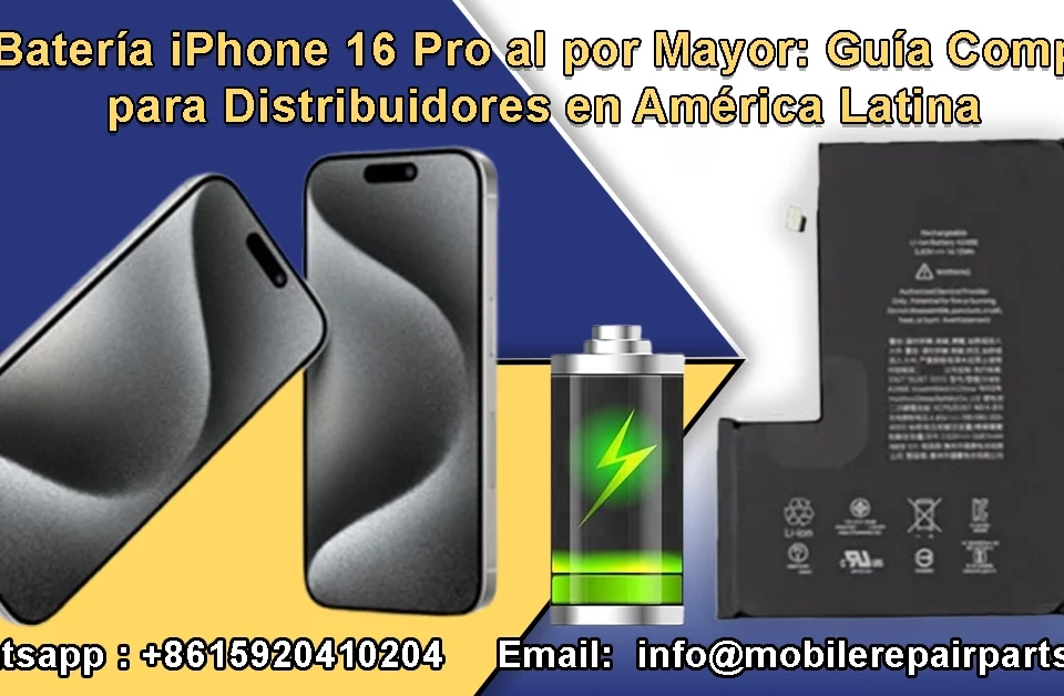 Batería iPhone 16 Pro en superficie neutra con detalle de terminals.