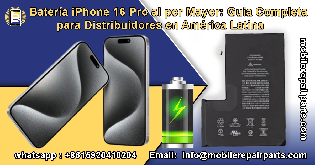 Batería iPhone 16 Pro en superficie neutra con detalle de terminals.