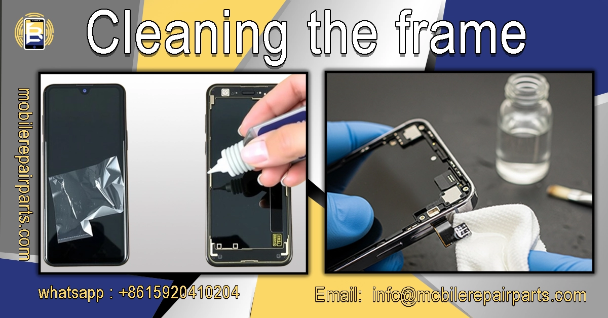 Cleaning the Samsung S23 Ultra frame before installing the new screen during replacement process.