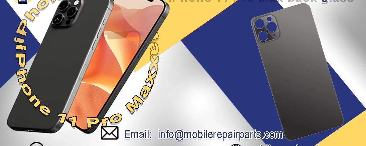 Imagen promocional de vidrio trasero para iPhone 11 Pro Max con información de contacto.