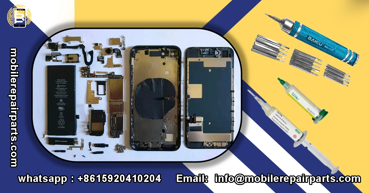 Disassembled smartphone parts with repair tools and glue