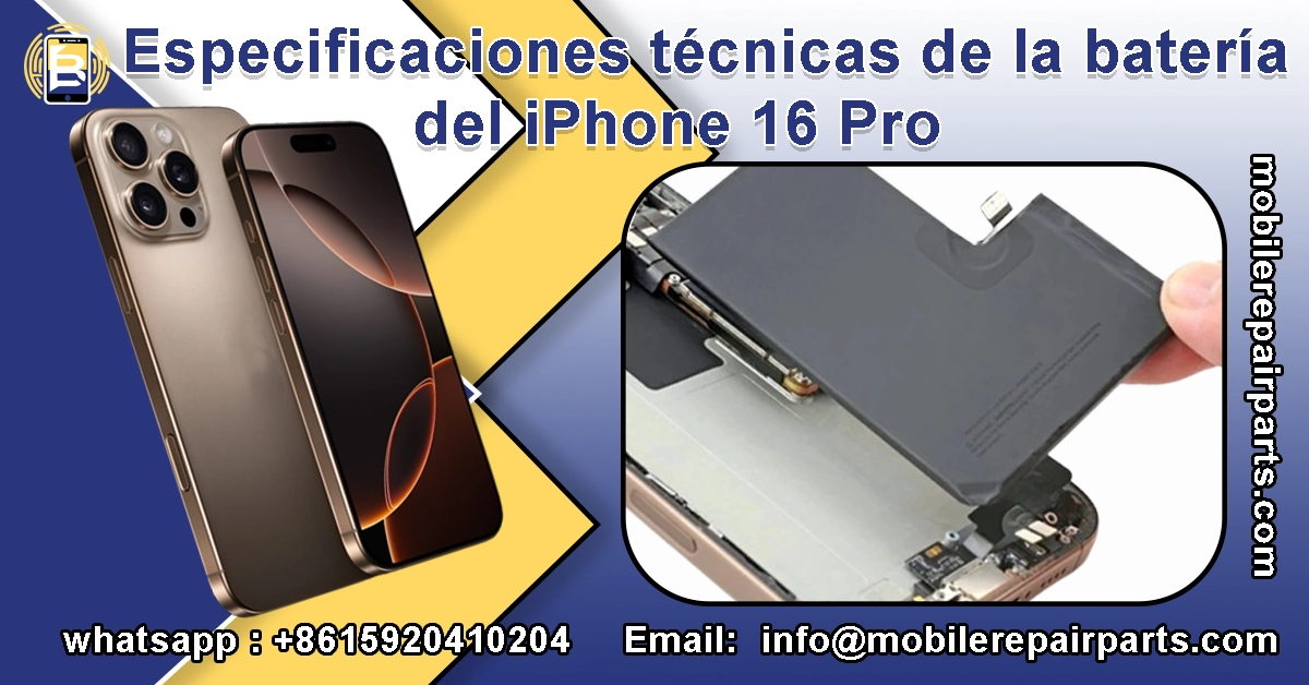Reemplazo de batería iPhone 16 Pro durante reparación técnica.