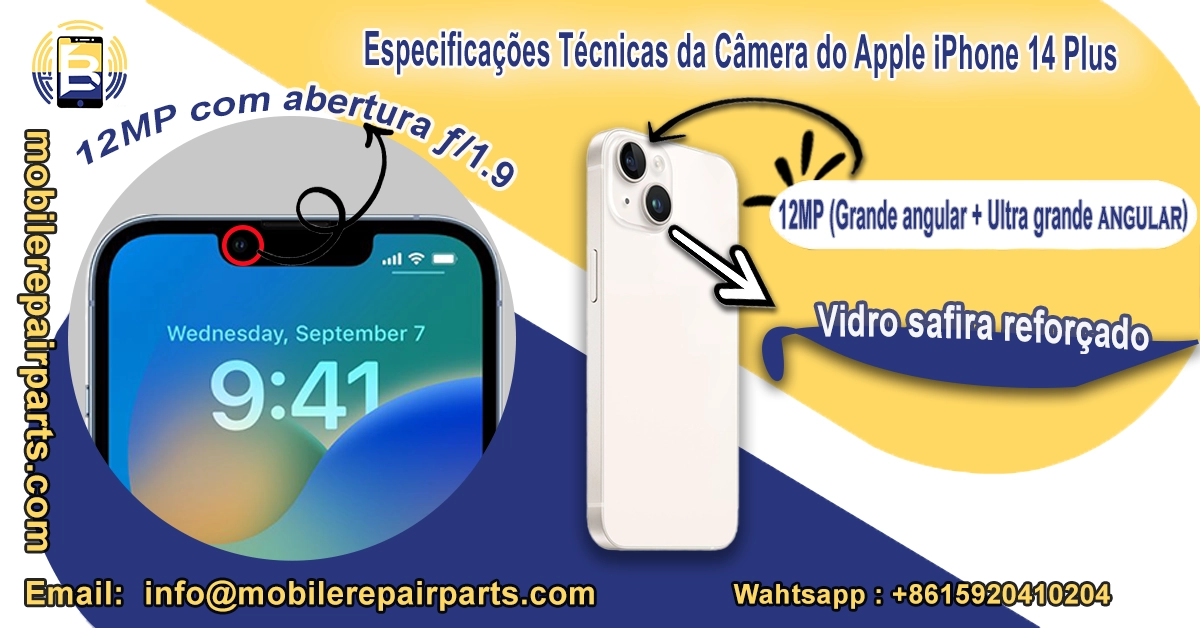 Infográfico das especificações da câmera do iPhone 14 Plus, destacando a câmera frontal de 12MP com abertura f/1.9 e a câmera traseira dupla de 12MP com lentes grande angular e ultra grande angular, e vidro de safira.