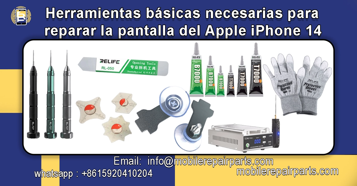 Herramientas básicas para reparar pantalla iPhone 14 con destornilladores, ventosas, adhesivos, guantes y separador, kit profesional BETA Electronic Co LTD para técnicos y mayoristas en América Latina.