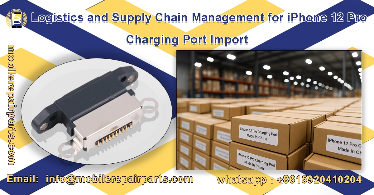 Logistics for importing iPhone 12 Pro shipping ports, showing a close-up shot of components and cargo boxes labeled “Made in China” in a warehouse, representing supply chain management.