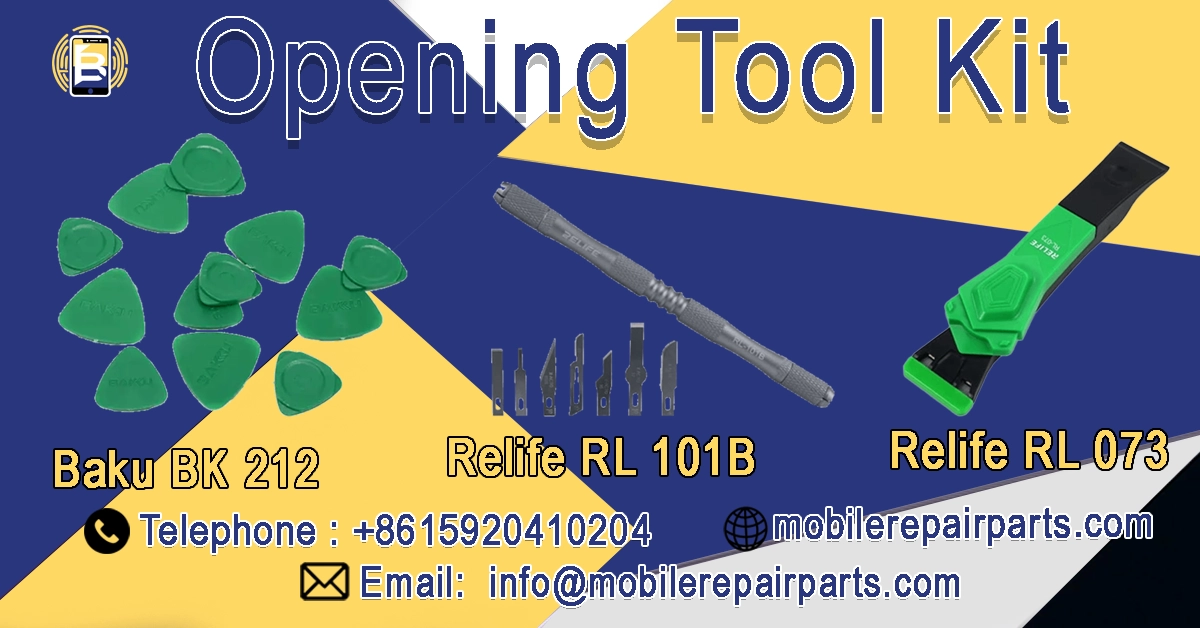 A set of opening tools such as Baku BK 212, Relife RL 101B, and Relife RL 073 for safely dismantling smartphone covers.