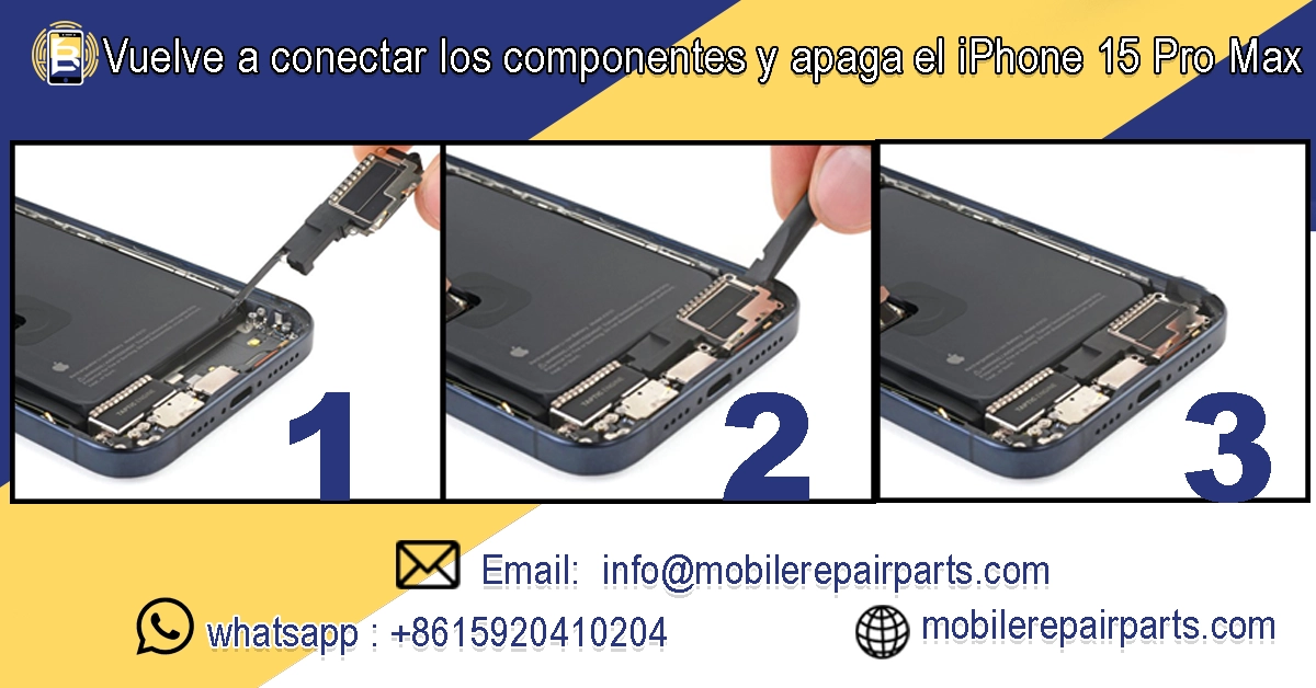 Reconexión segura de componentes y sellado tras reemplazo de batería en iPhone 15 Pro Max