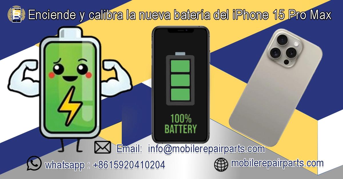 Calibración de batería nueva en iPhone 15 Pro Max tras reemplazo: ciclo de carga al 100% y verificación en iOS.