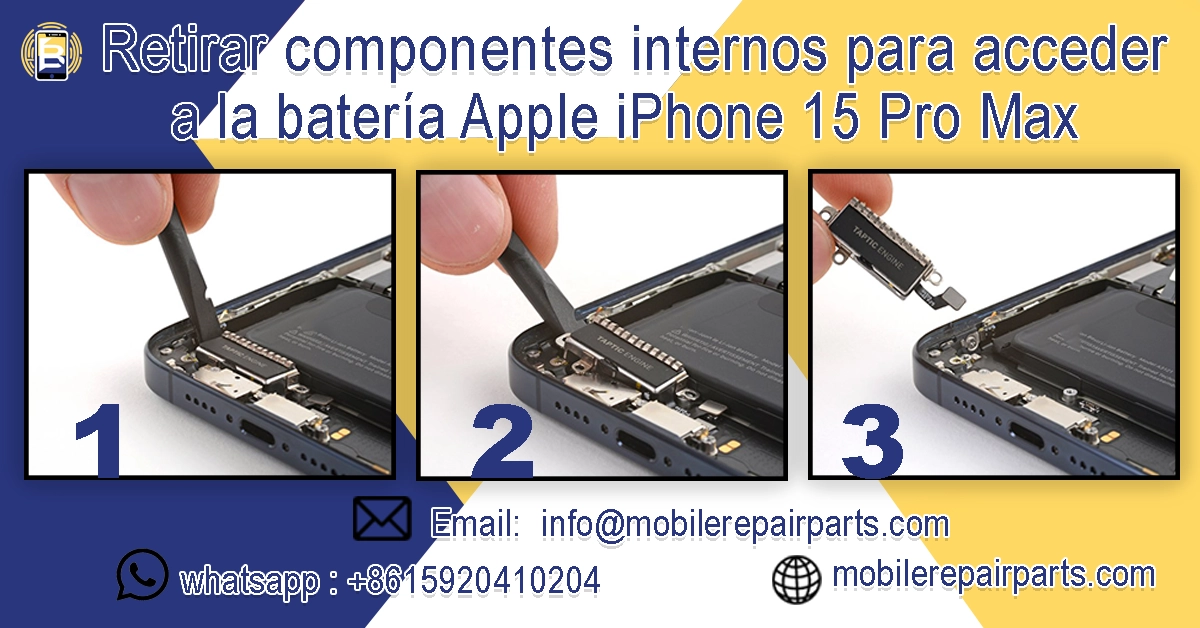 Retirar componentes internos del iPhone 15 Pro Max para acceder a la batería durante el reemplazo.