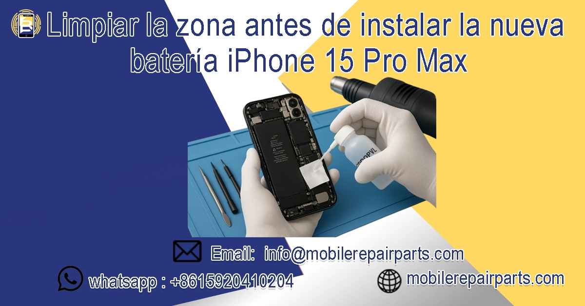 Técnico limpiando con alcohol isopropílico el espacio de la batería en un iPhone 15 Pro Max para eliminar restos de adhesivo antes de la instalación.