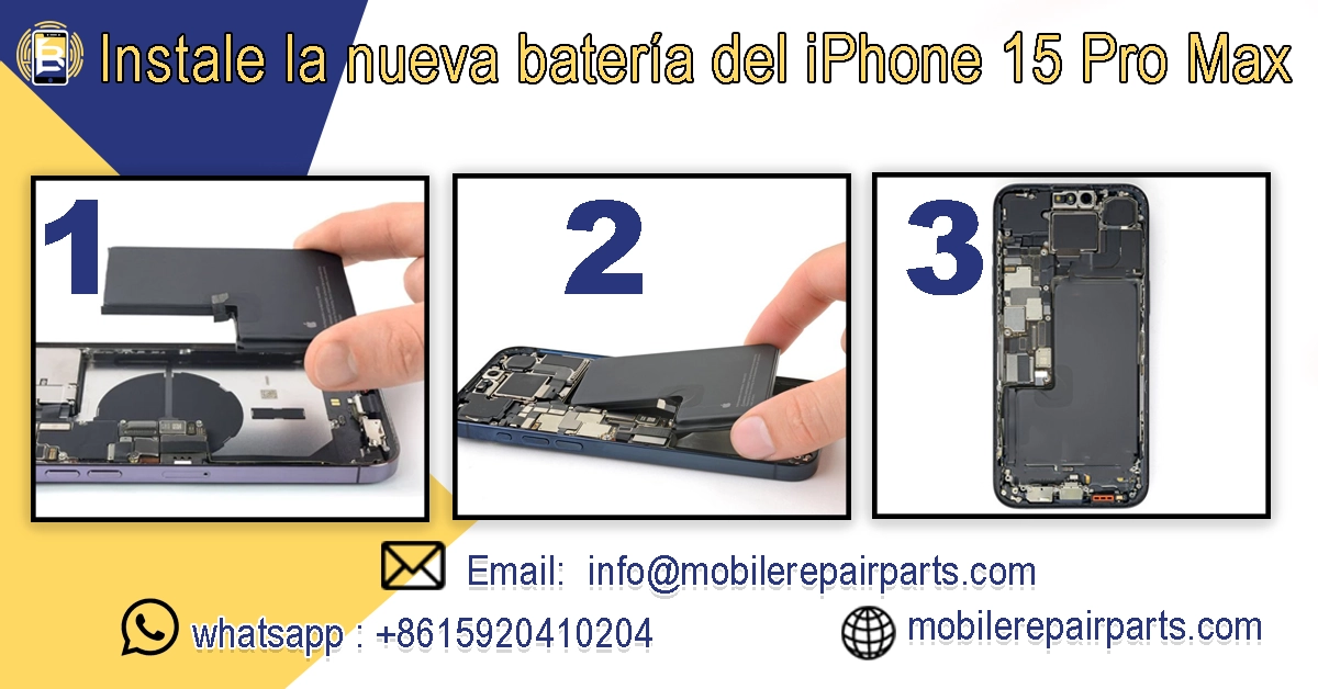 Técnico instalando nueva batería con adhesivos en iPhone 15 Pro Max, asegurando alineación precisa y contacto correcto.