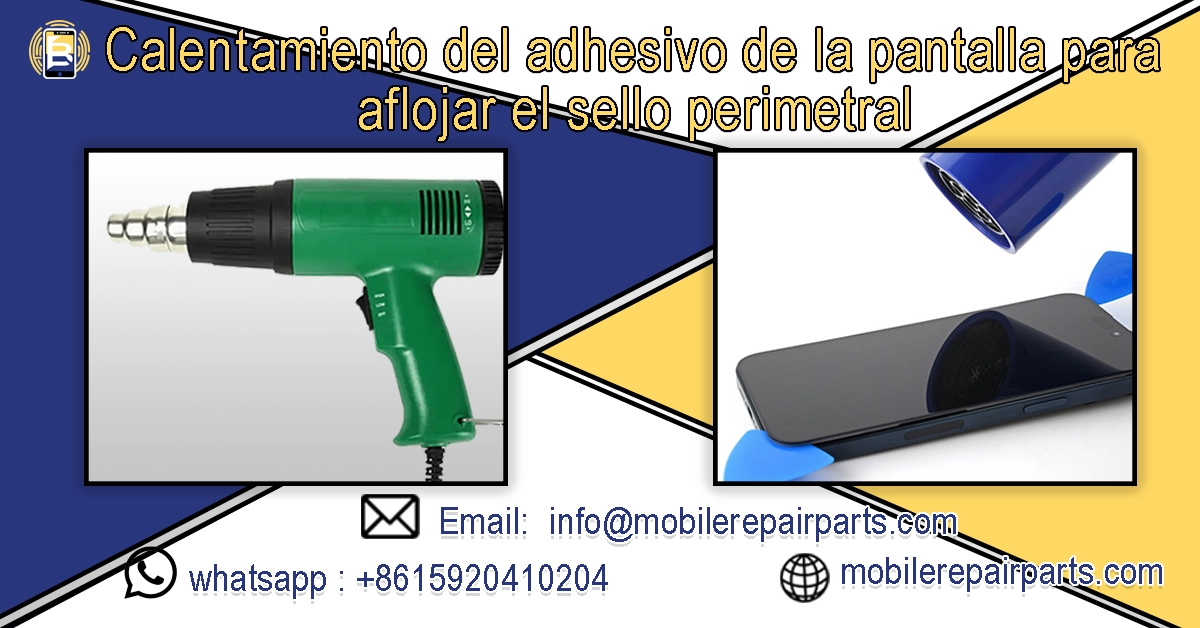 Calentamiento del adhesivo para aflojar el sello perimetral del iPhone 15 Pro Max con pistola de calor.