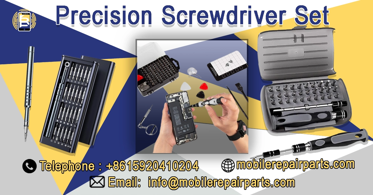 Precision screwdriver set with multiple heads for maintenance and repair of mobile phones and electronics.