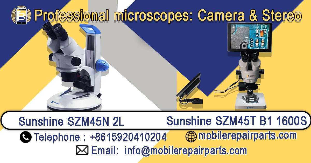 Professional Sunshine SZM45N 2L and SZM45T B1 1600S microscopes with camera and stereo features for smartphone repair.