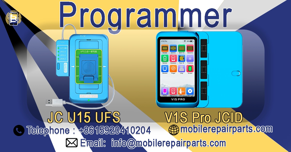 JC U15 UFS and V1S Pro JCID programmers for mobile phone repair, essential for activating replacement parts like batteries and screens.