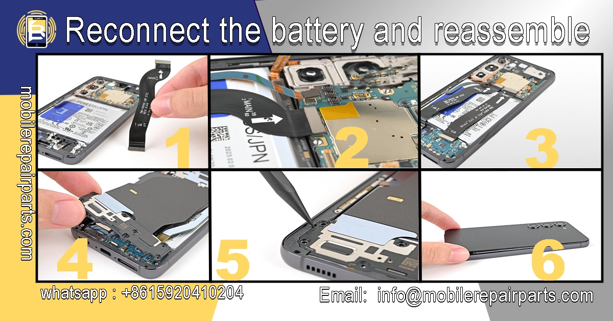 Reconnecting the battery and reassembling the Samsung S23 Ultra after screen replacement.