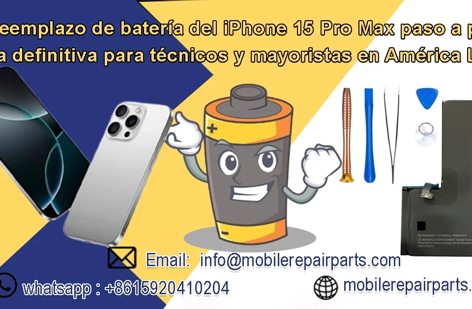 Reemplazo de batería del iPhone 15 Pro Max paso a paso con herramientas profesionales, Guía para técnicos y mayoristas en América Latina.